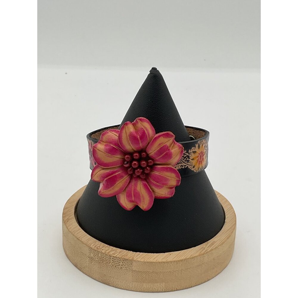 Flower-Embellished Leather Cuff Bracelet With Snap Closure